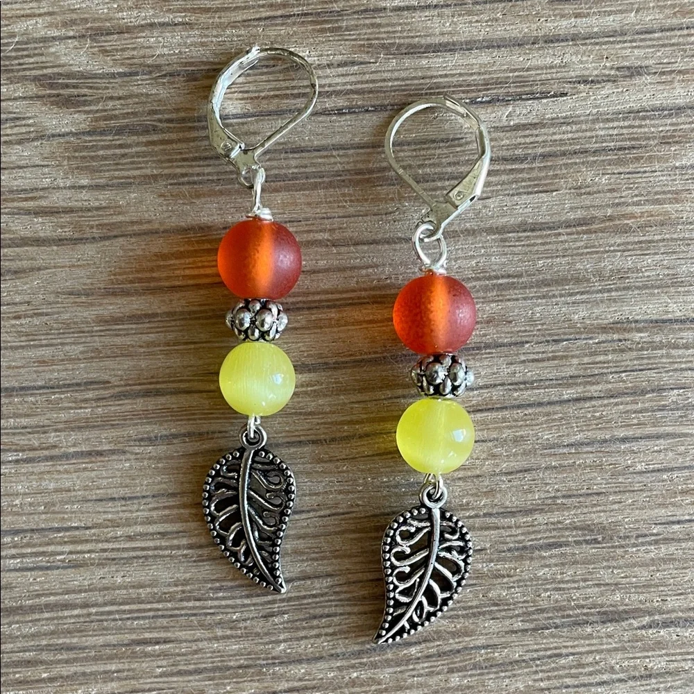 HAND CRAFTED BEAD & LEAF DANGLE EARRINGS Orange Yellow Fall Fashion Jewelry